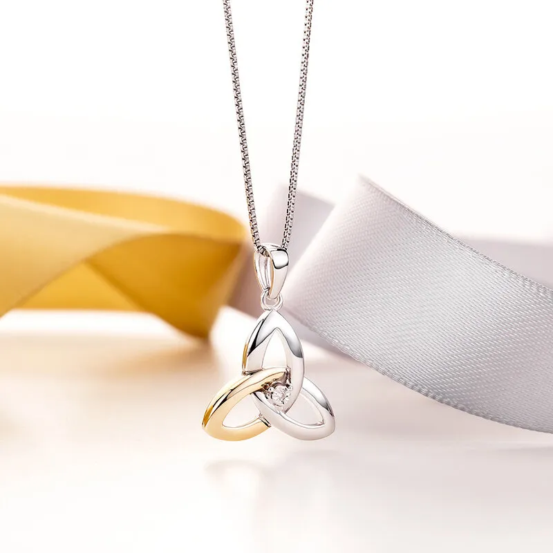 10k Gold & Silver Trinity Knot Necklace Set With Diamond