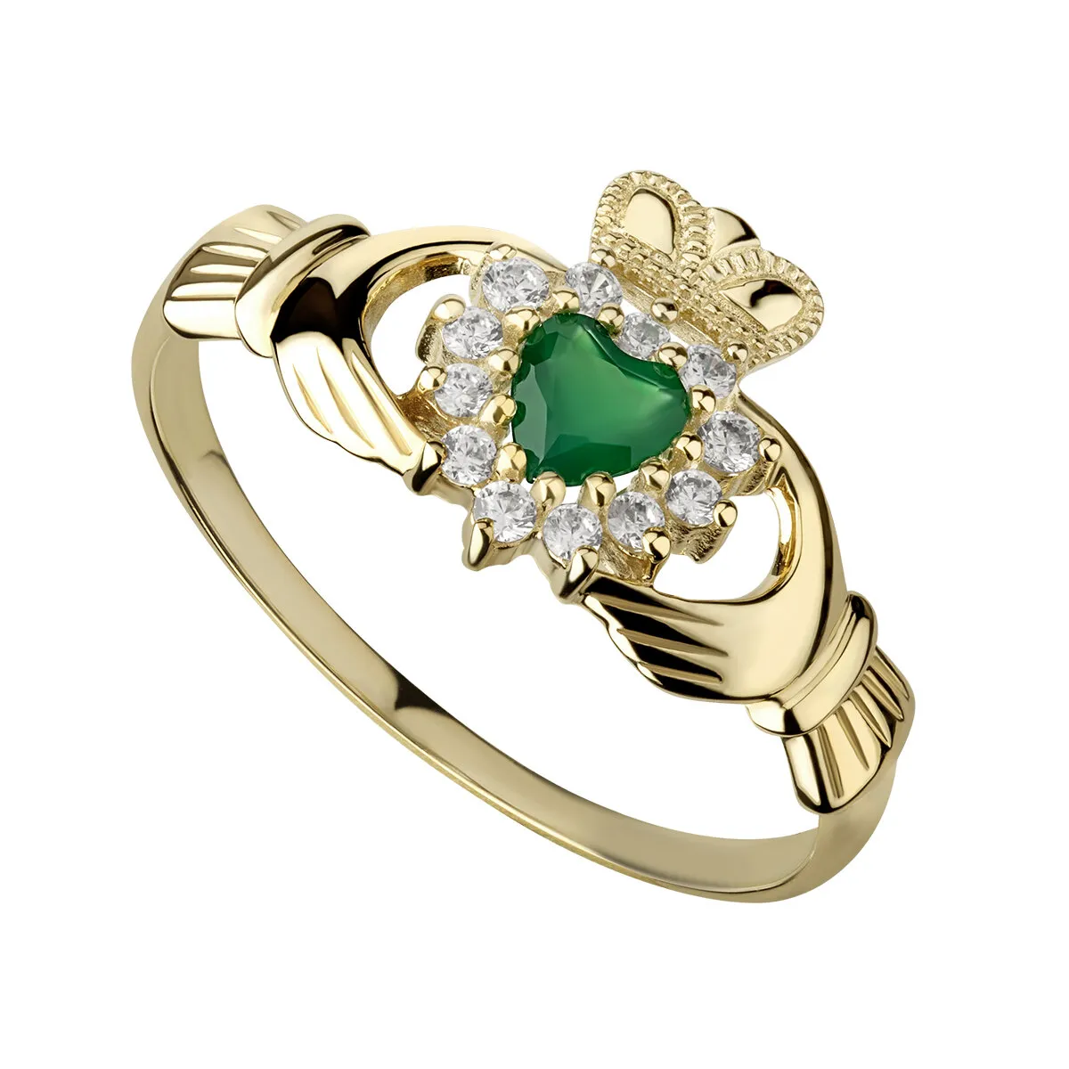 10k Gold Claddagh Ring With Green Agate Heart...