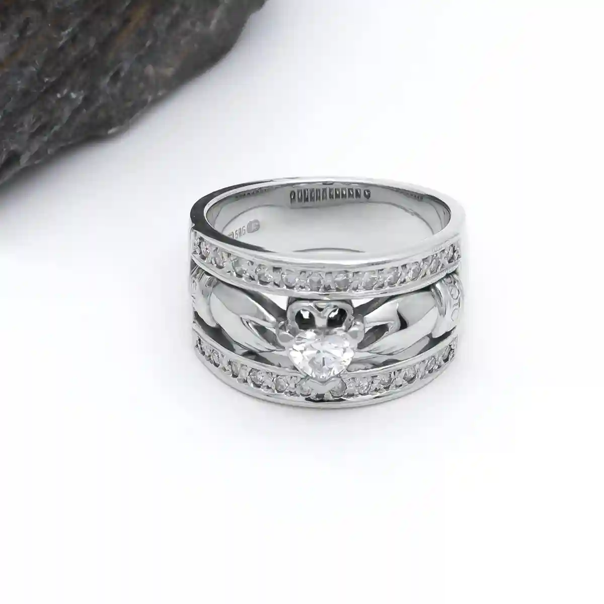 Heartshaped Diamond Claddagh Wide-Band Ring in White Gold