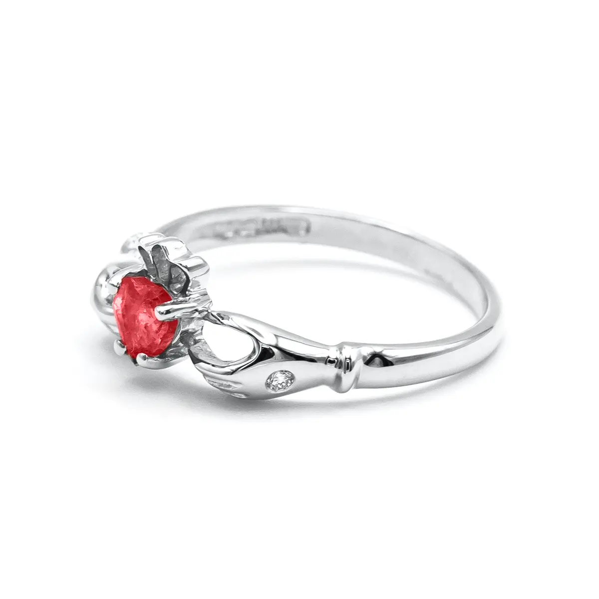 White Gold Claddagh Ring Adorned Heart-shape Ruby And Diamonds