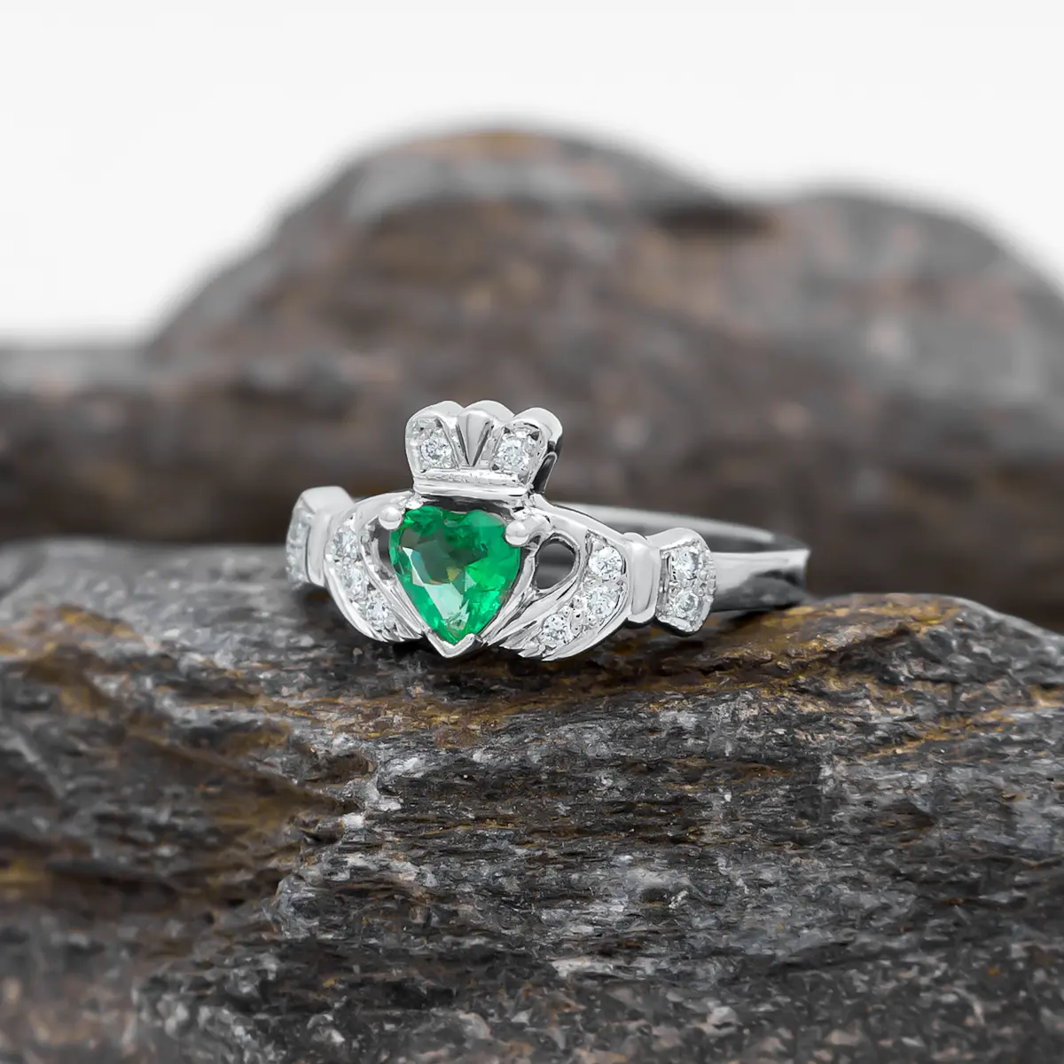 Traditional Emerald And Diamond Claddagh Ring. Emerald Carat 0.45cts