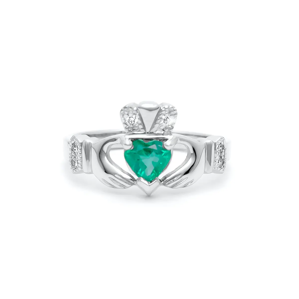 Irish Designed Emerald And Diamond Claddagh Engagement Ring. Total Emerald Carat 0.55