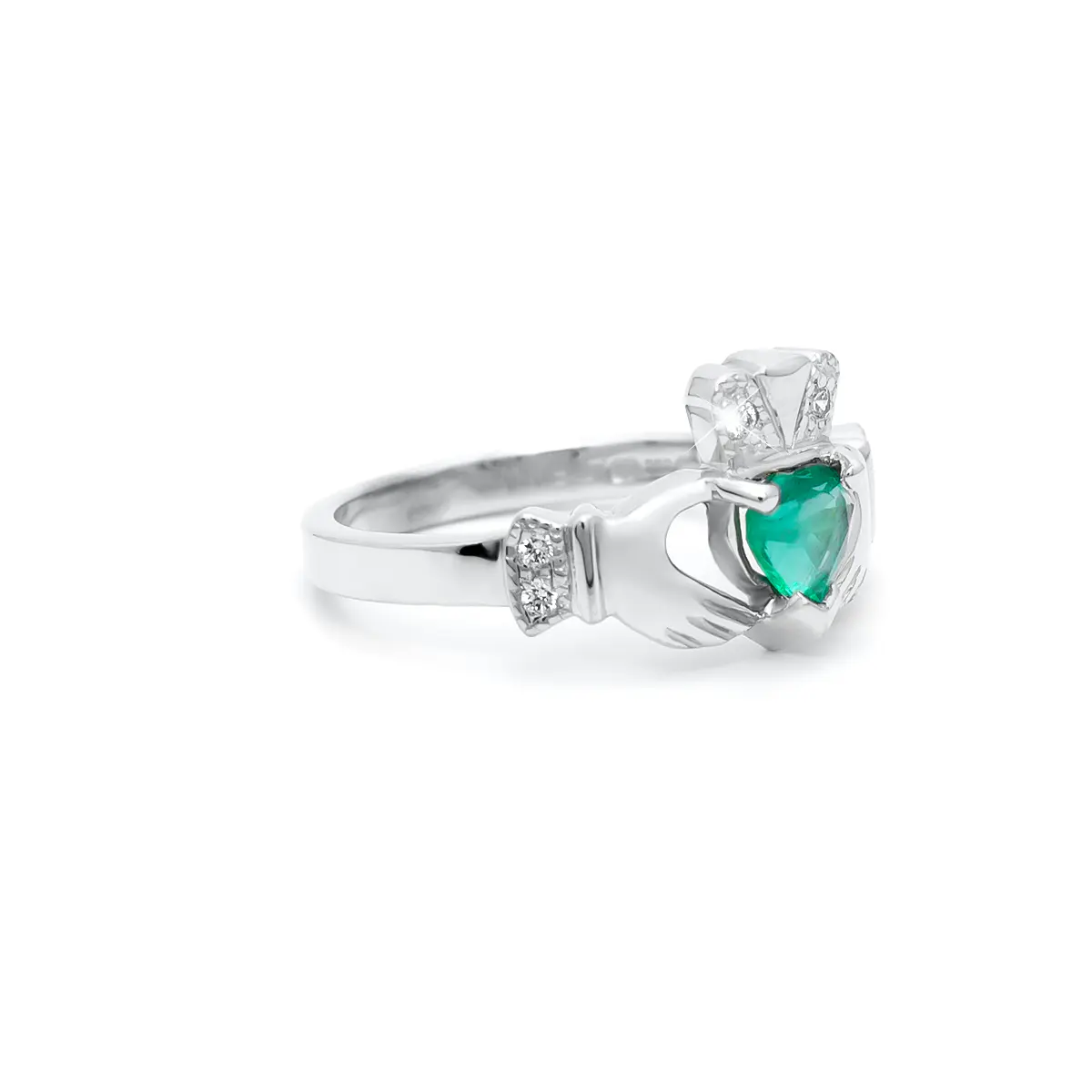 Irish Designed Emerald And Diamond Claddagh Engagement Ring. Total Emerald Carat 0.55