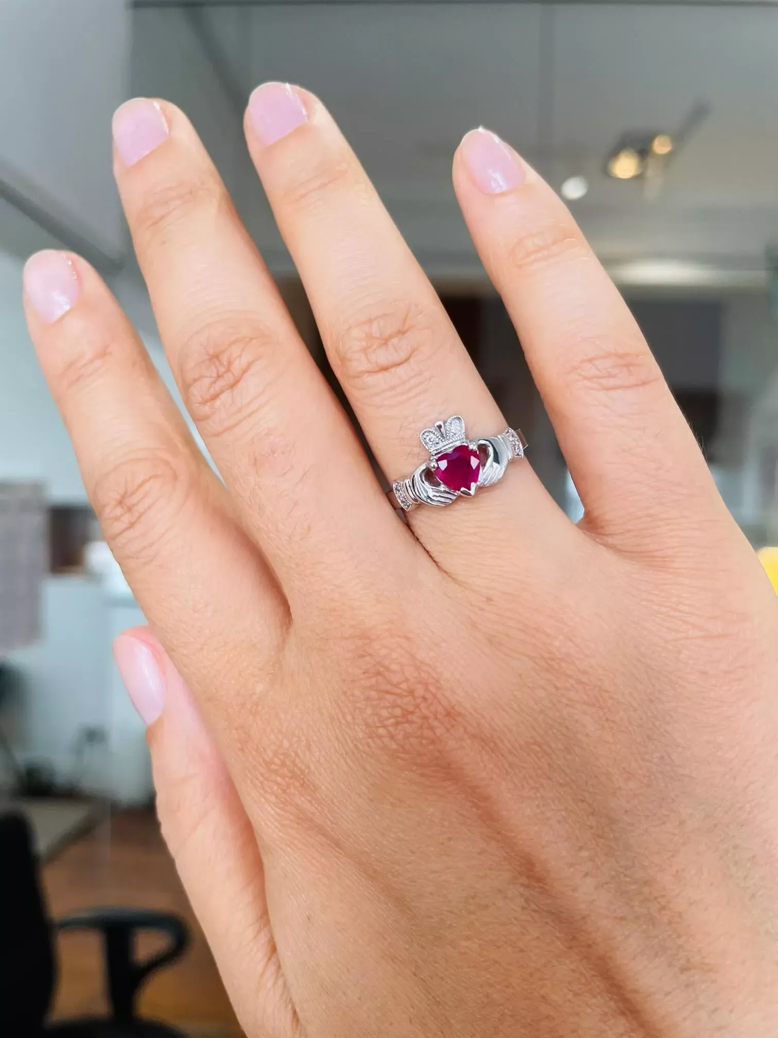 Claddagh Engagement Ring With Ruby In White Gold