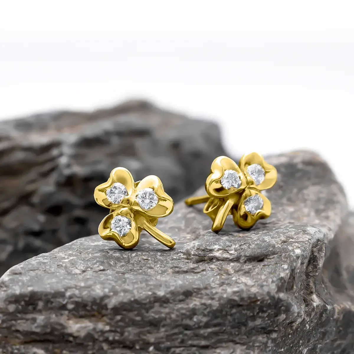 3 Stone Diamond Shamrock Stud Earrings Uniquely Crafted In 14K Gold