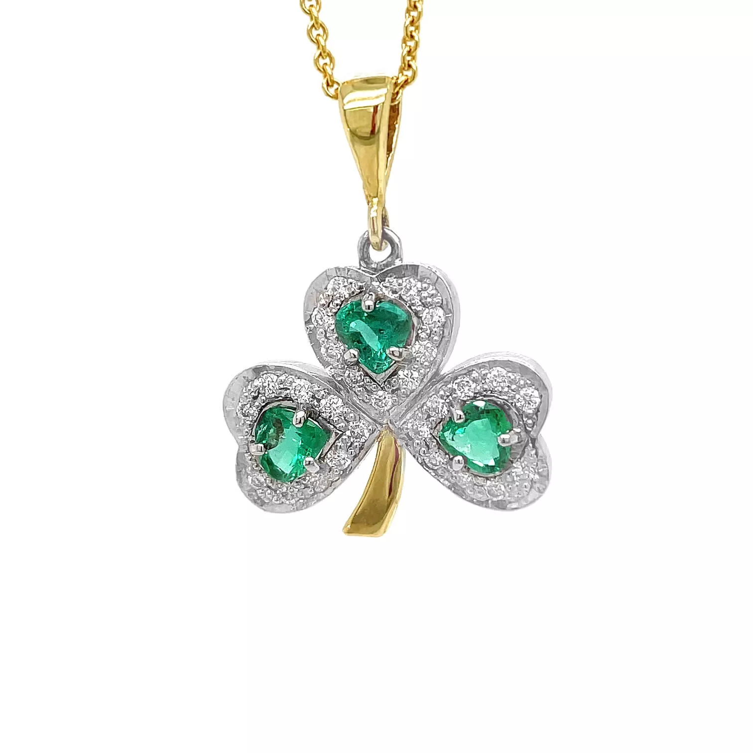 Shamrock Pendant Emerald And Diamond In 14k Gold On Chain