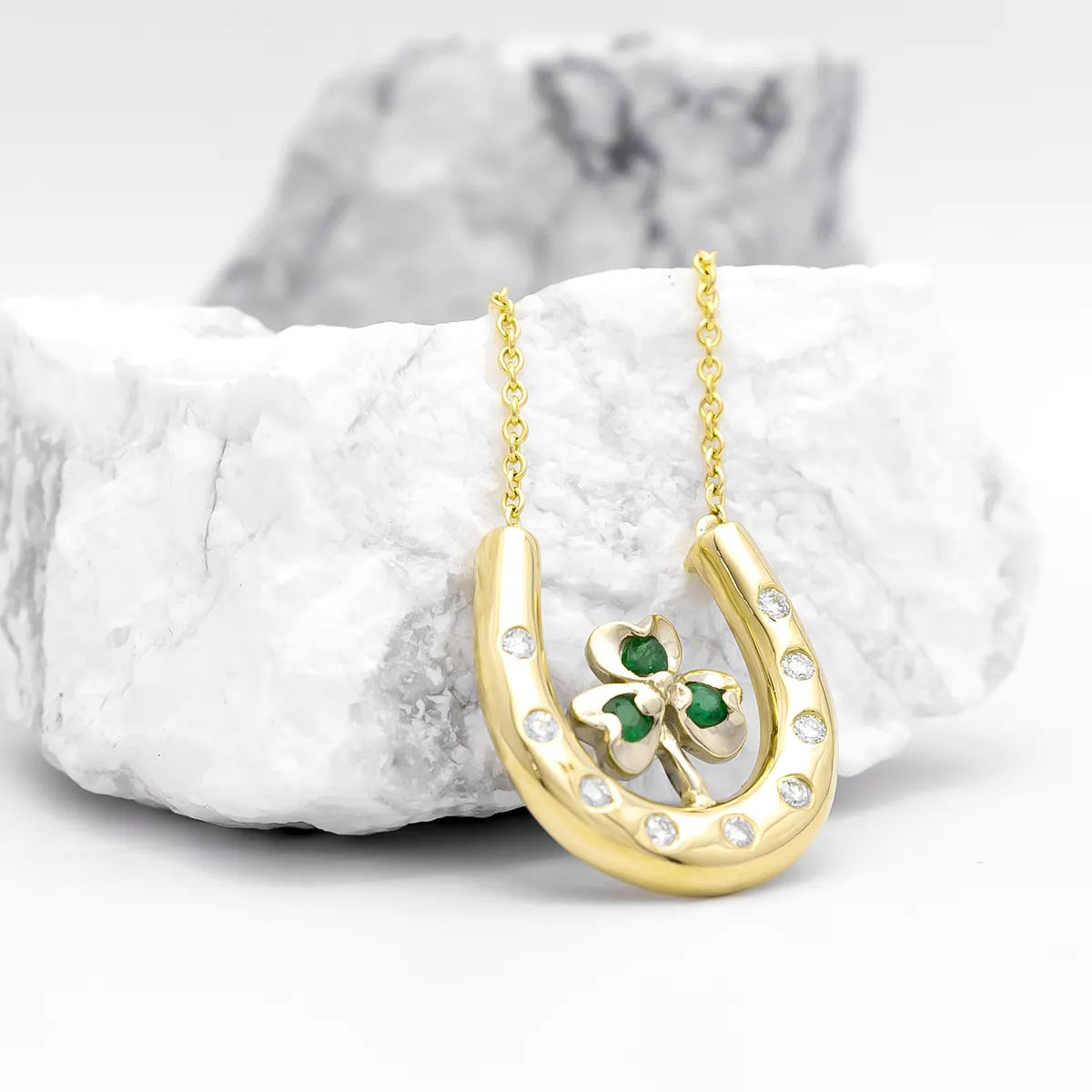 Emerald Shamrock On Horseshoe Necklace