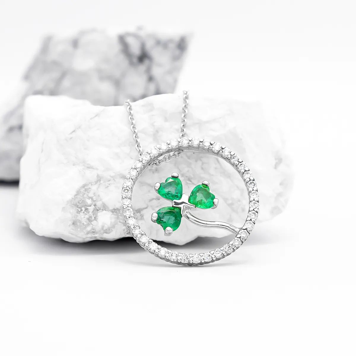 White Gold Shamrock In Circle Pendant Set with Emeralds and Diamonds