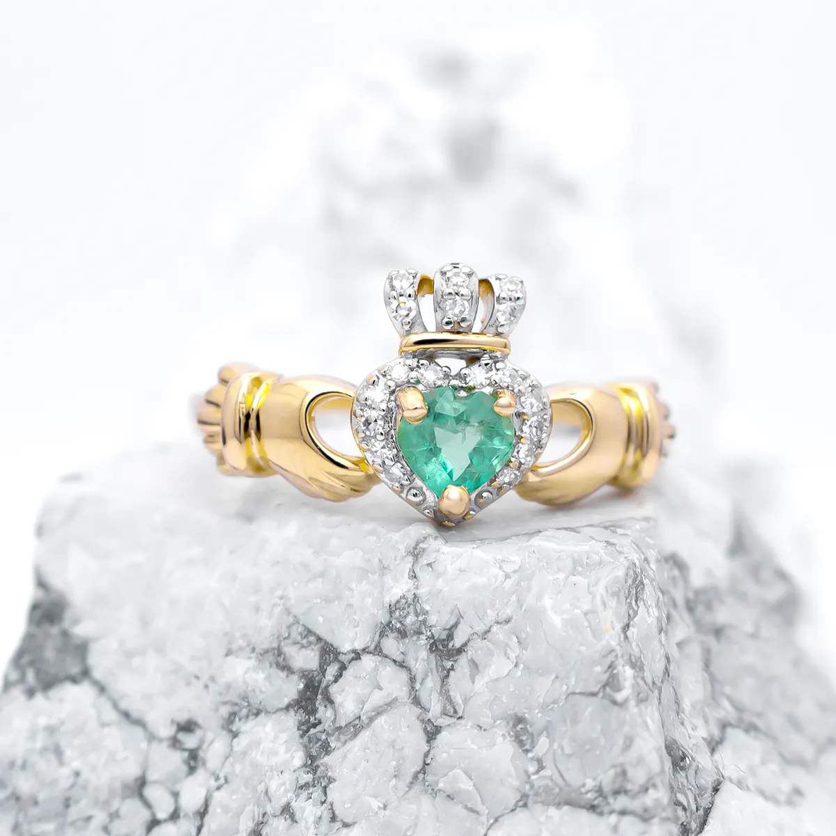 Ladies Emerald And Diamond Claddagh Ring in 14K Gold