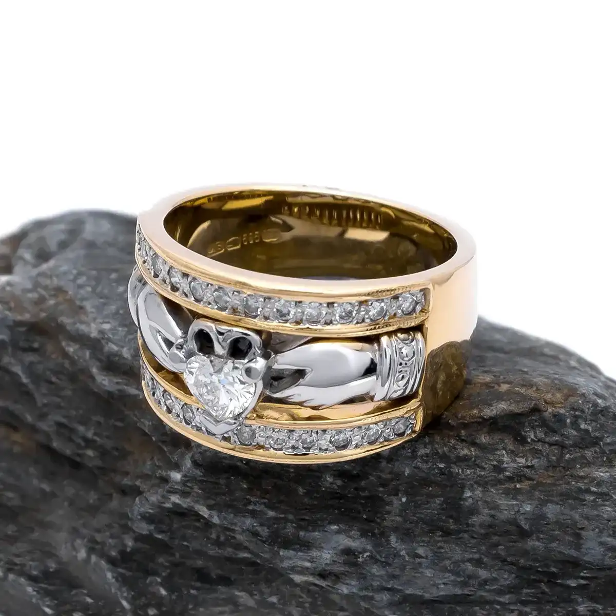 Gold Claddagh Wide-Band Ring With Heartshaped Diamond 