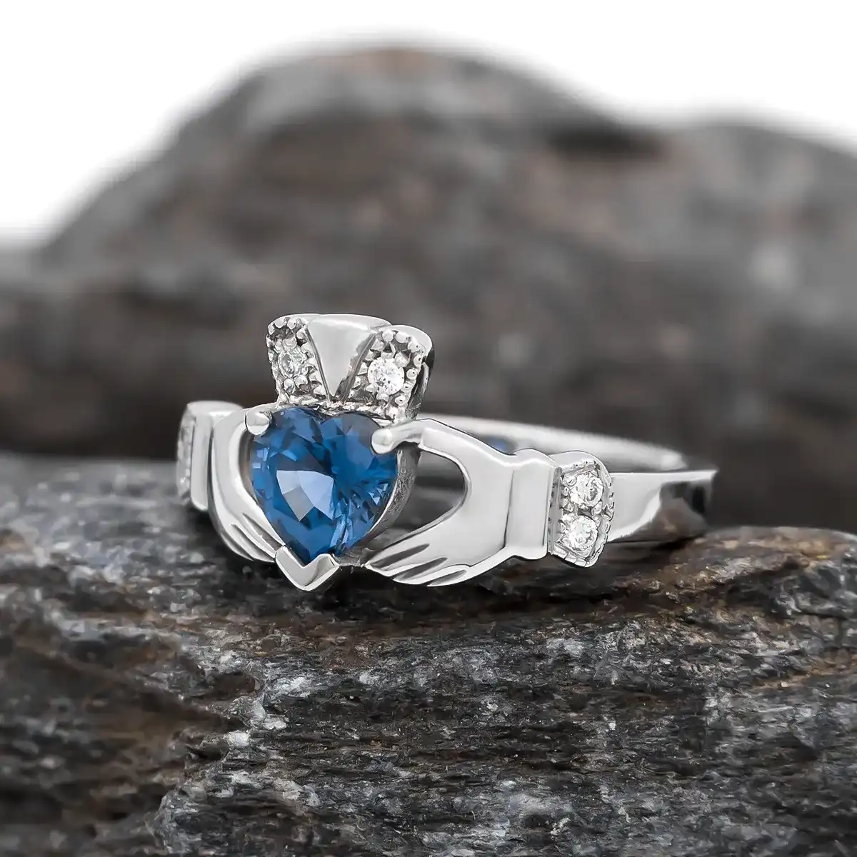White Gold Claddagh Ring with Sapphire and Diamond
