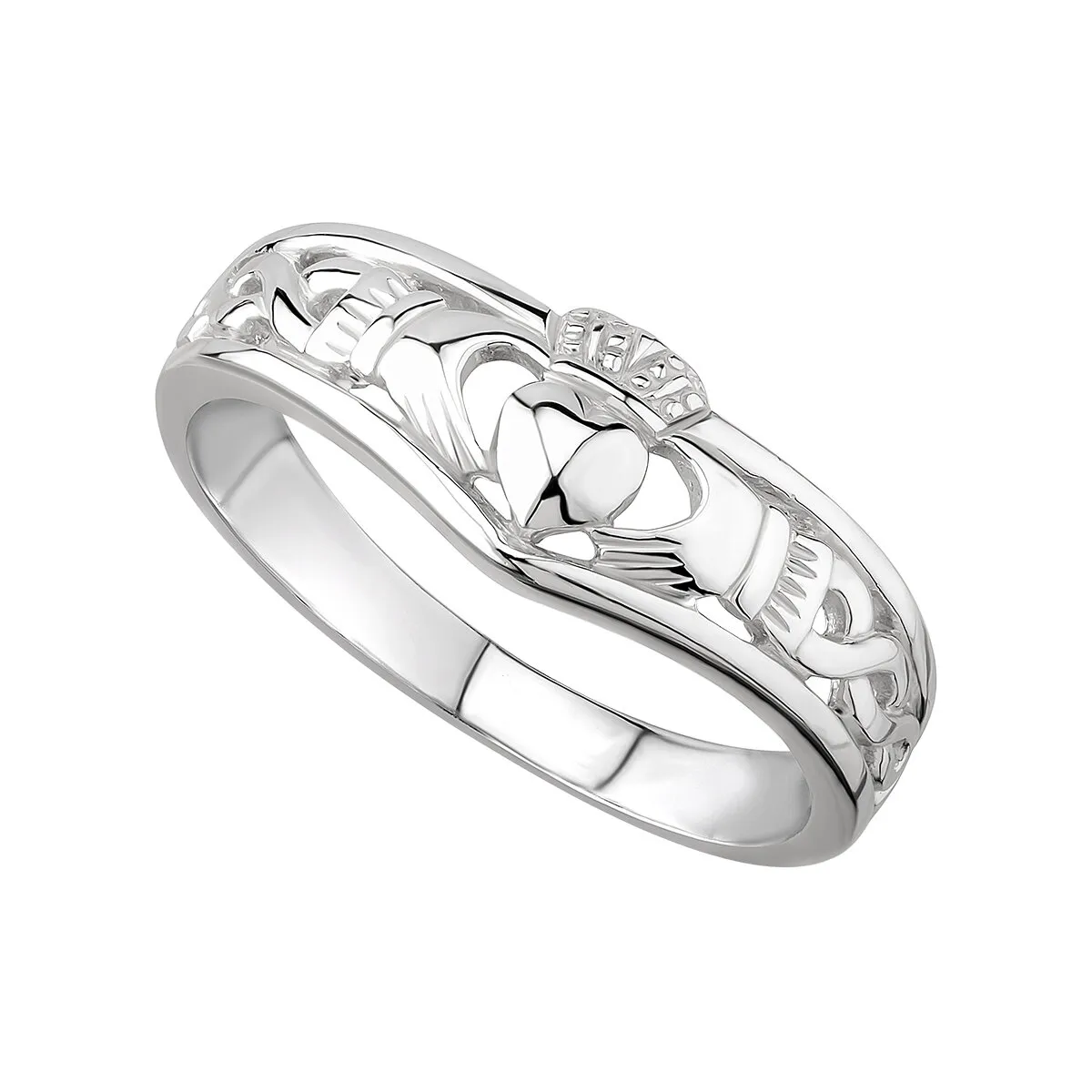 Silver Claddagh Wishbone Ring With Celtic Knotwork...