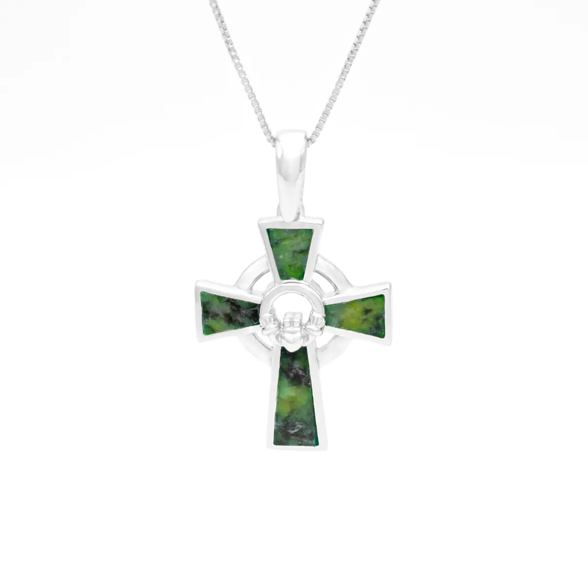 Connemara Marble Claddagh Cross Pendant in Sterling Silver