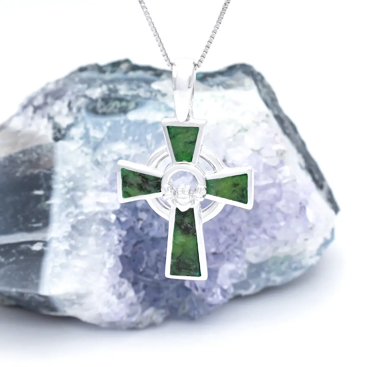 Connemara Marble Claddagh Cross Pendant in Sterling Silver