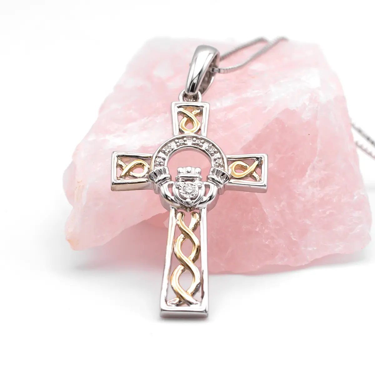 10k Gold & Silver Celtic Cross Claddagh Pendant With Diamond