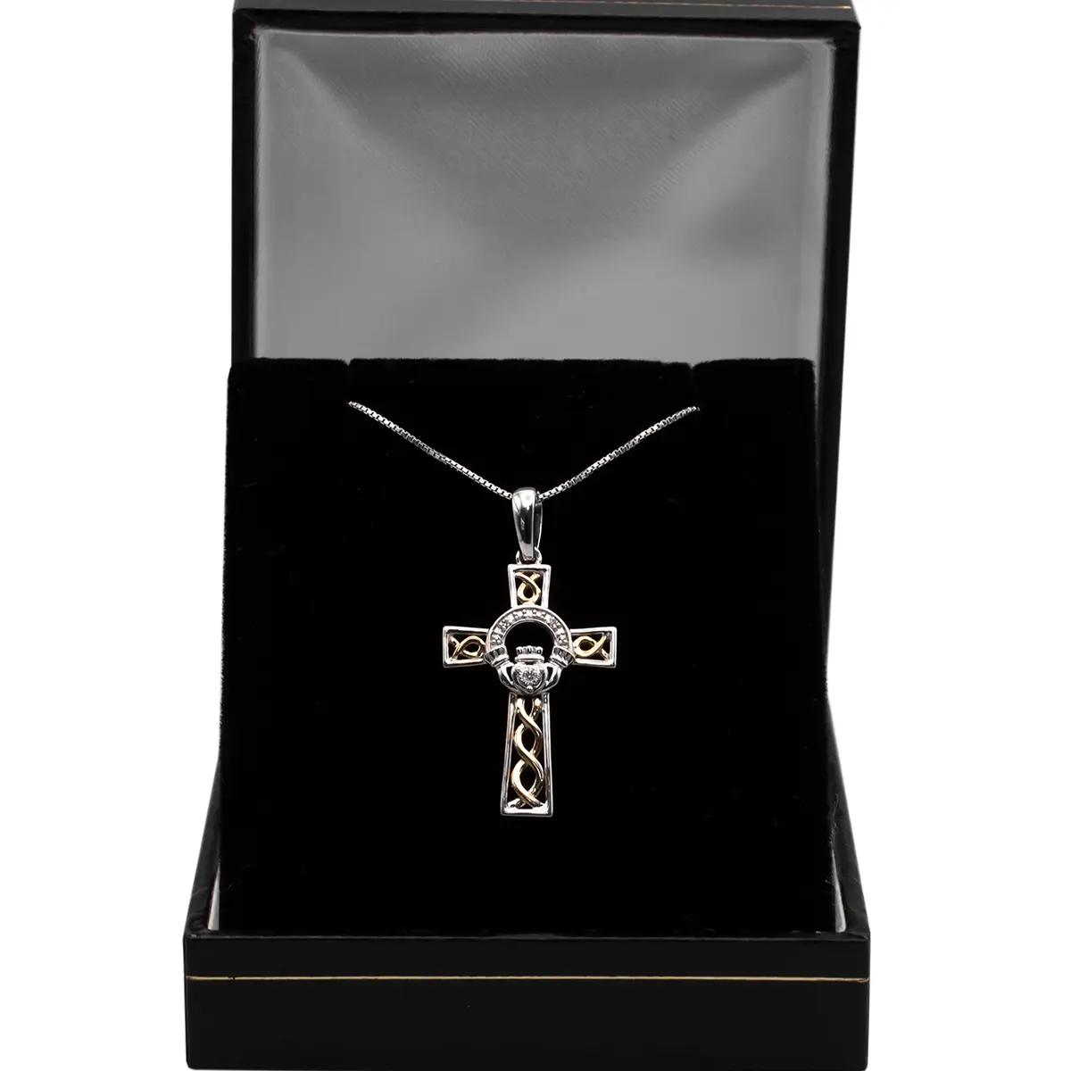 10k Gold & Silver Celtic Cross Claddagh Pendant With Diamond