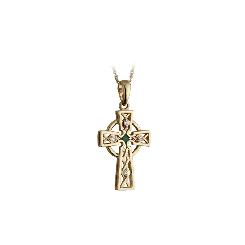 9k Gold Celtic Cross Necklace With Emerald And Cubic Zirconia...