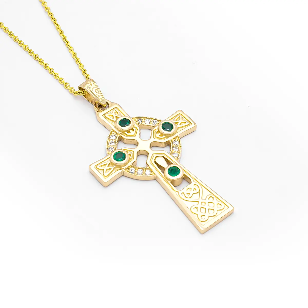 Emerald and Diamond Celtic Cross Gold Pendant