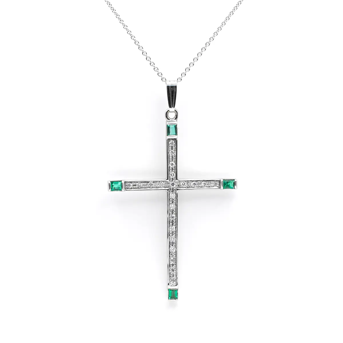White Gold Emerald and Diamond Cross Necklace...