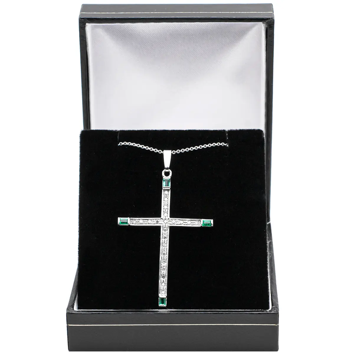 White Gold Emerald and Diamond Cross Necklace