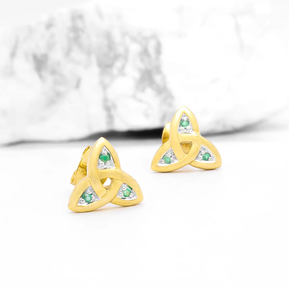 14k Gold and Emerald Celtic Trinity Knot Stud Earrings...