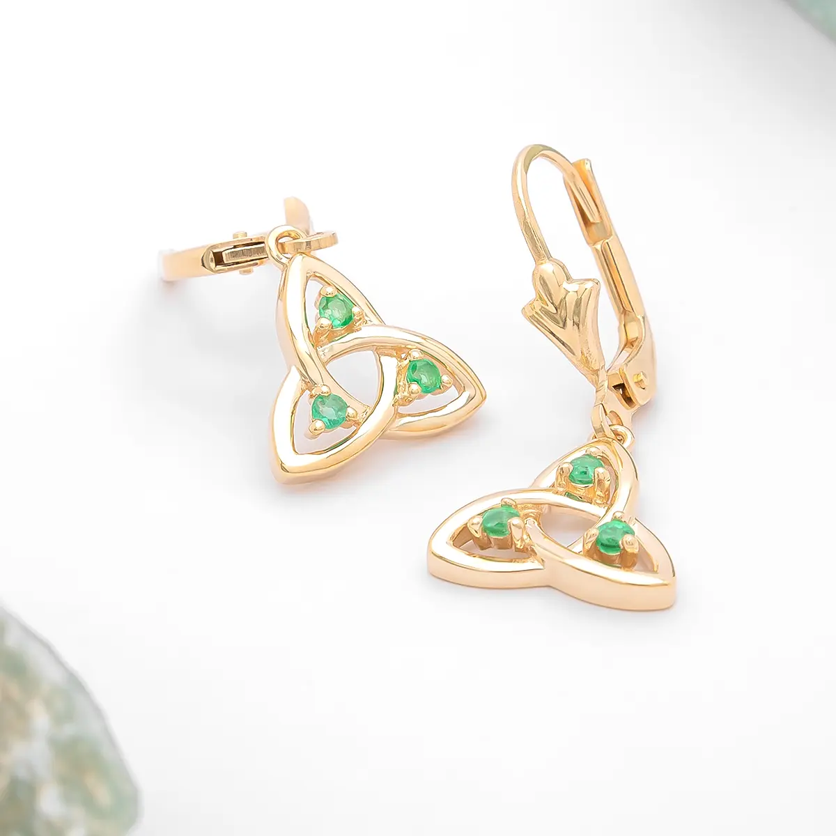 Gold Trinity Knot Drop Earrings Set with Emeralds Photo 1 