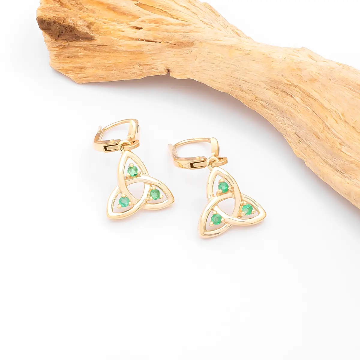 Gold Trinity Knot Drop Earrings Set with Emeralds Photo 3 