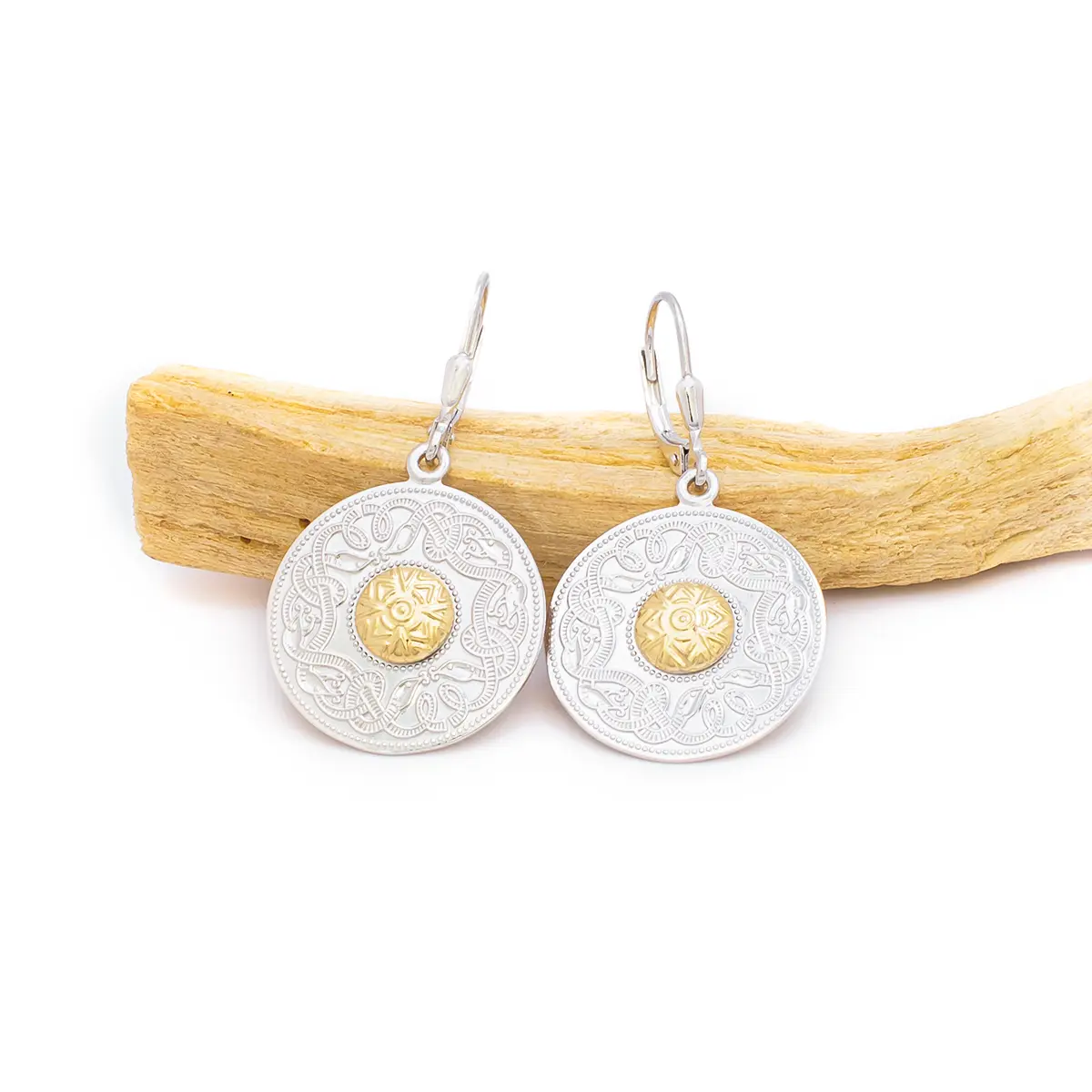 Round Celtic Warrior Drop Earrings With 18k Gold Bead...