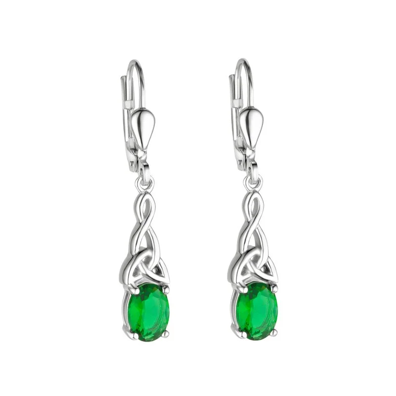 Silver Celtic Trinity Knot Drop Earrings With Green Crystal...