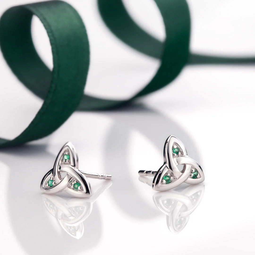 White Gold Emerald Celtic Trinity Knot Earrings Photo 2 