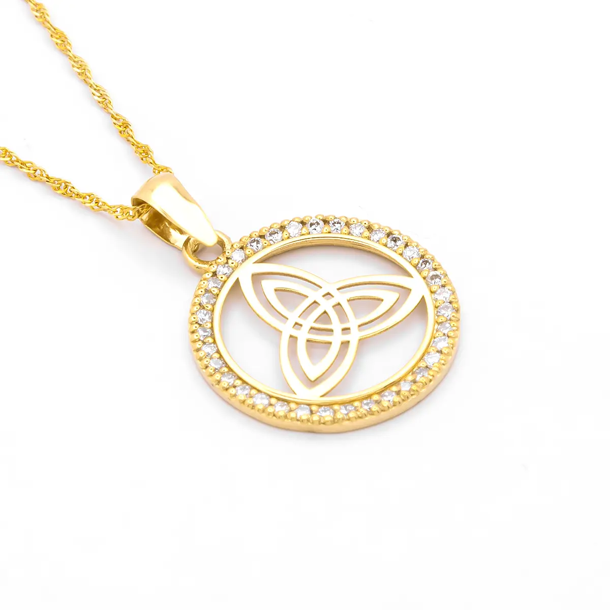 14k Gold Round Trinity Knot Necklace With Diamonds