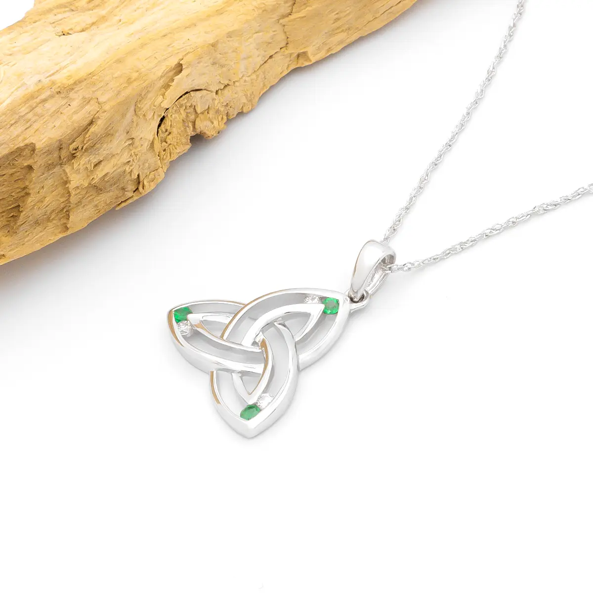 14k White Gold Trinity Knot Pendant With Diamonds And Emeralds