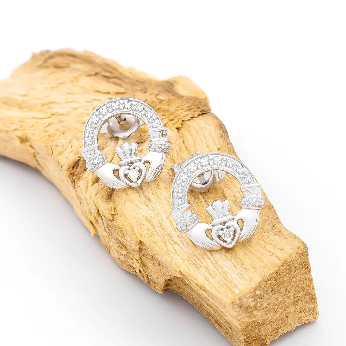 14k White Gold Claddagh Stud Earrings Inlaid With Diamonds...