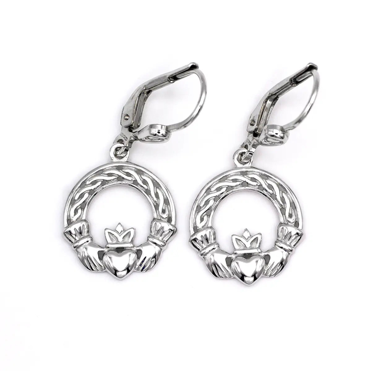 Silver Claddagh Drop Earrings With Celtic Knotwork...