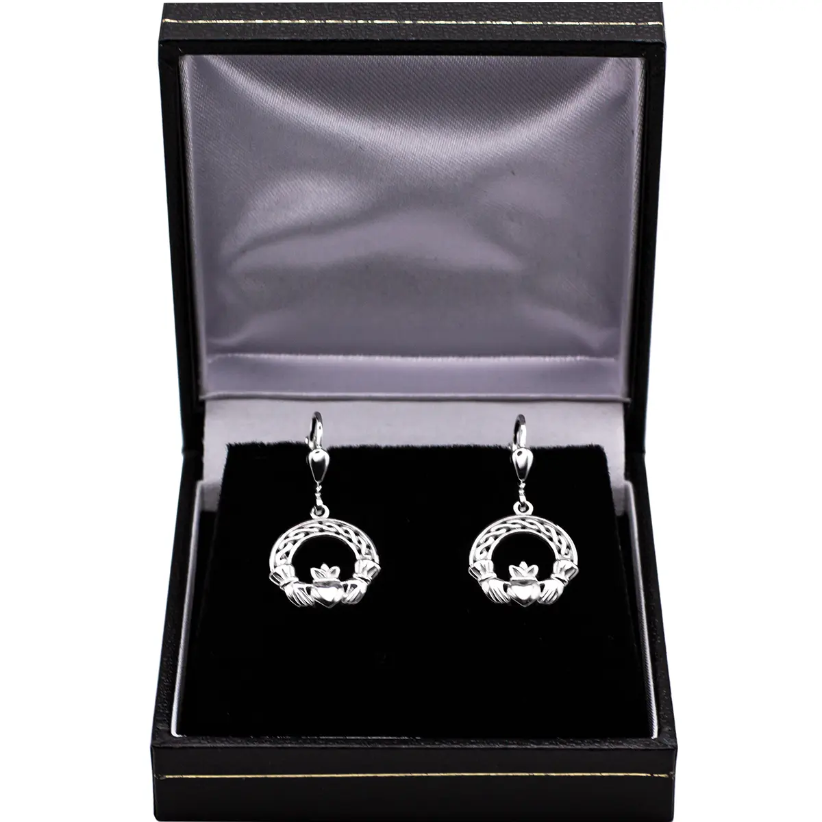 Silver Claddagh Drop Earrings With Celtic Knotwork