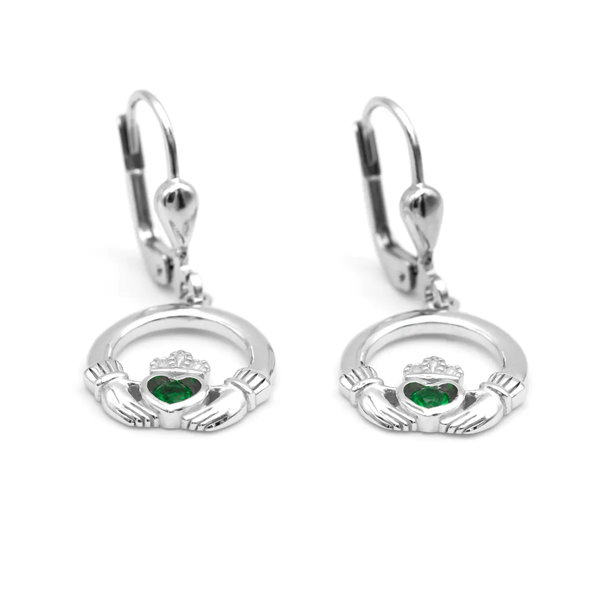Silver Claddagh Drop Earrings With Green Crystal Centerpiece