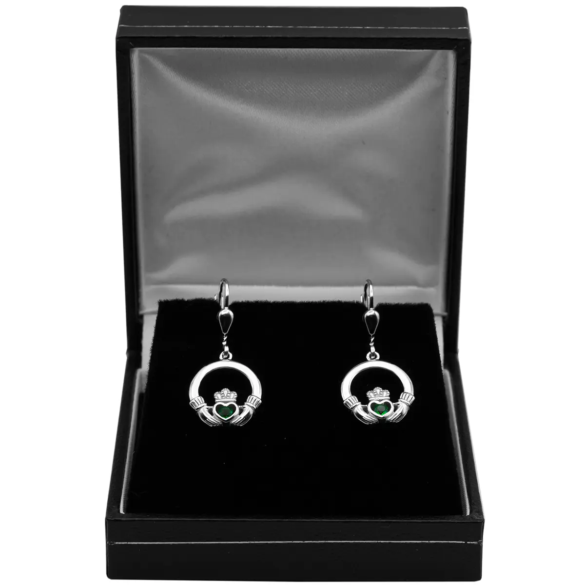 Silver Claddagh Drop Earrings With Green Crystal Centerpiece