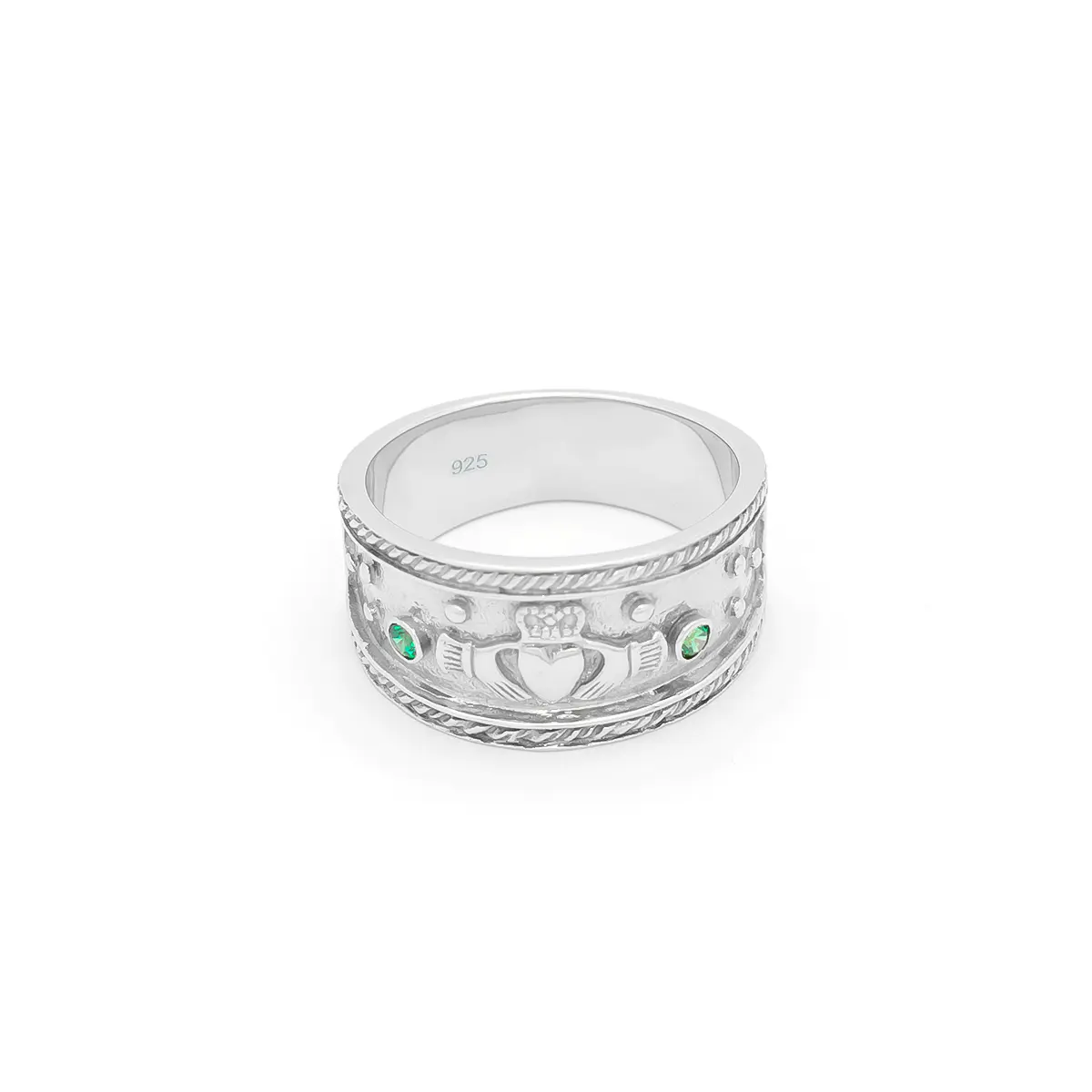 Mens Claddagh Band with Green Cubic Zirconia Stones Photo 2 