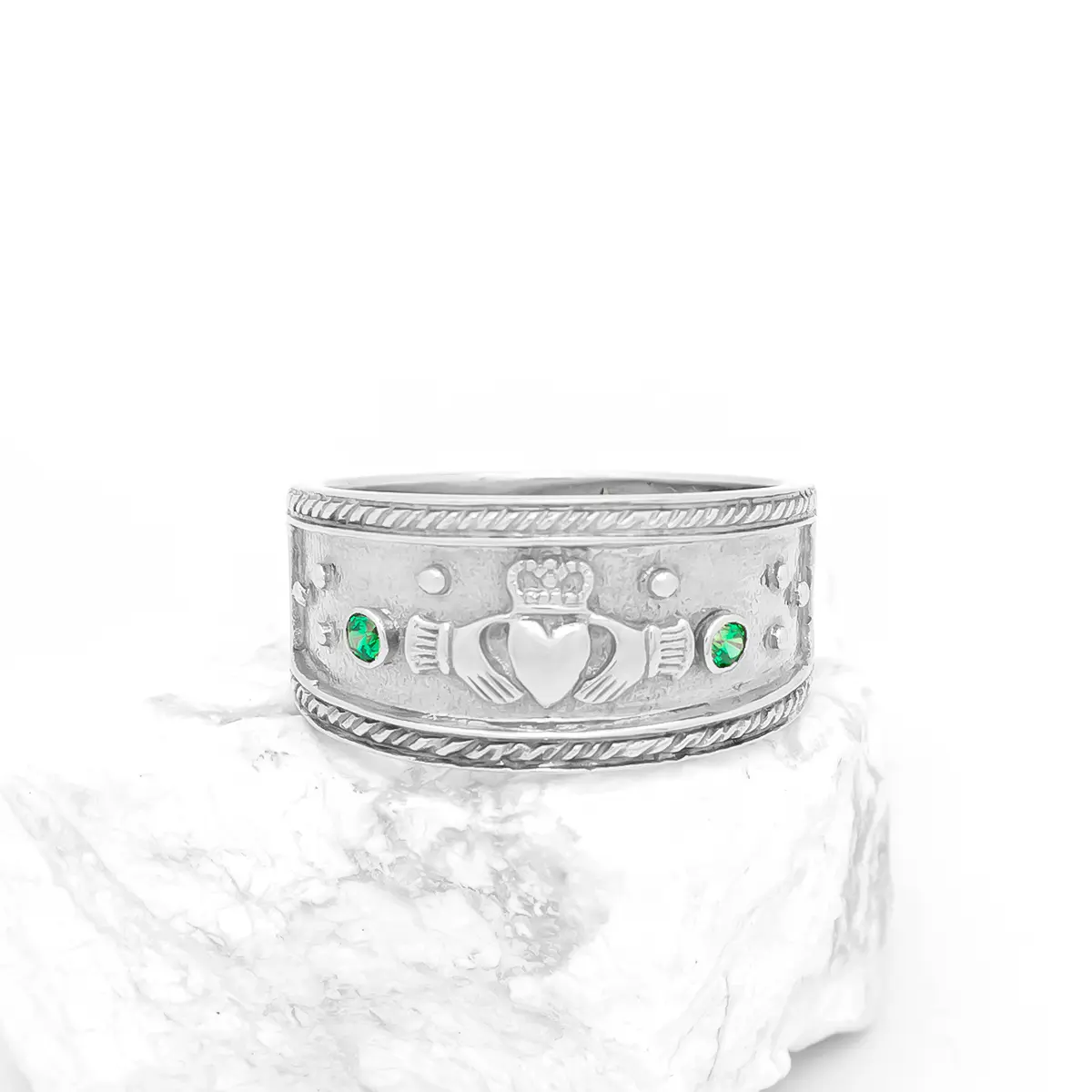 Mens Claddagh Band with Green Cubic Zirconia Stones