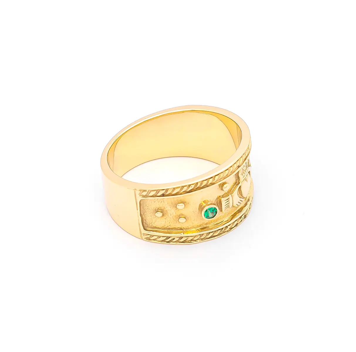 Mens Gold Claddagh Band with Green Cubic Zirconia Stones Photo 4 