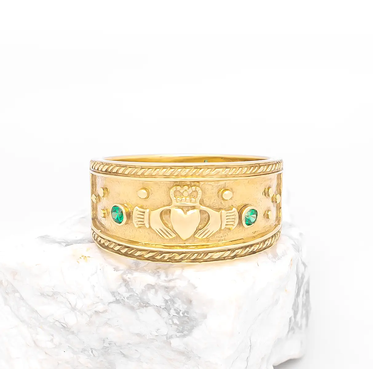 Mens Gold Claddagh Band with Green Cubic Zirconia Stones