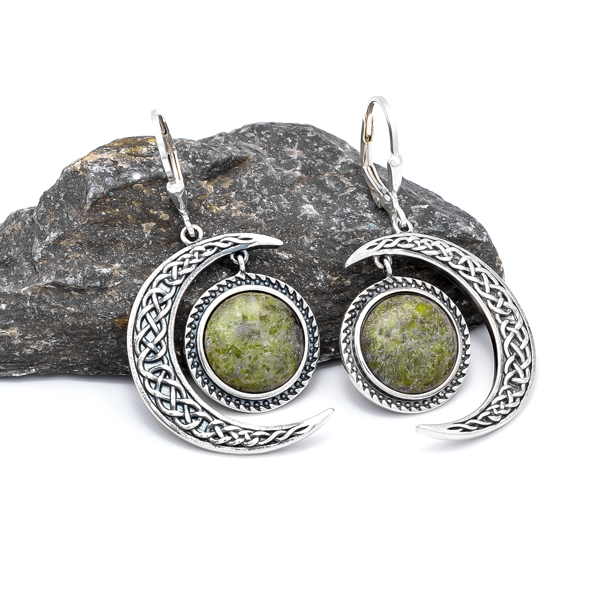 Connemara Marble Celtic Sun and Moon Earrings in Sterling Silver