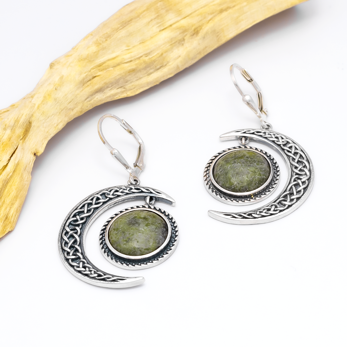 Connemara Marble Celtic Sun and Moon Earrings in Sterling Silver