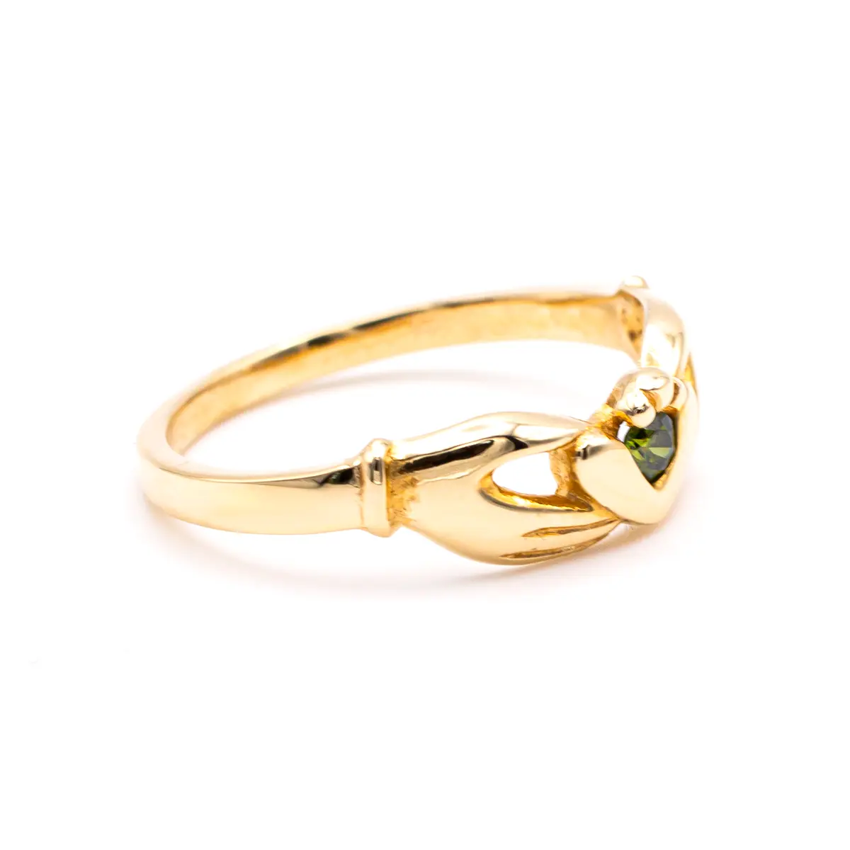 14k Gold Claddagh Ring with Colored Green Diamond
