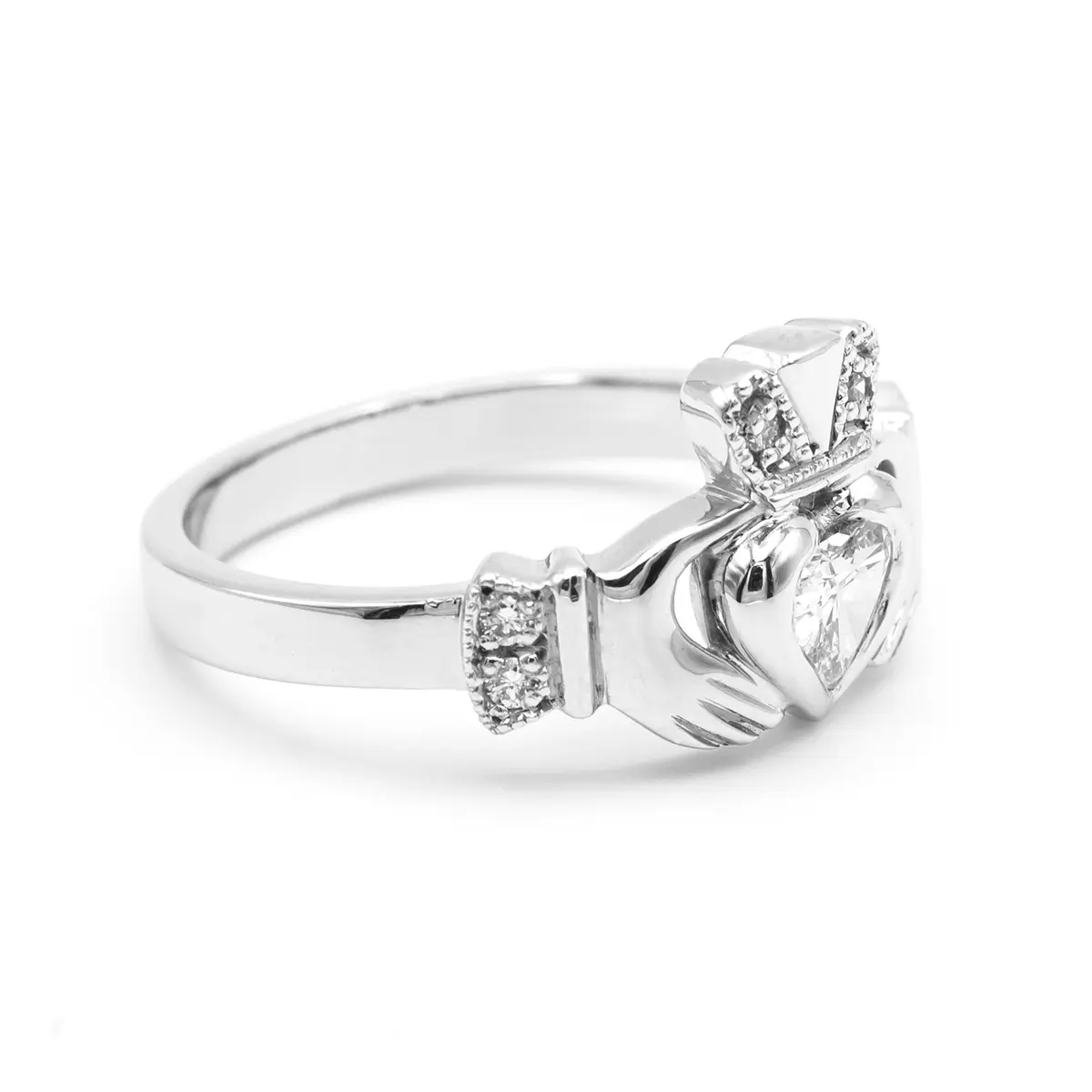 14k White Gold Claddagh Engagement Ring with Diamond Heart