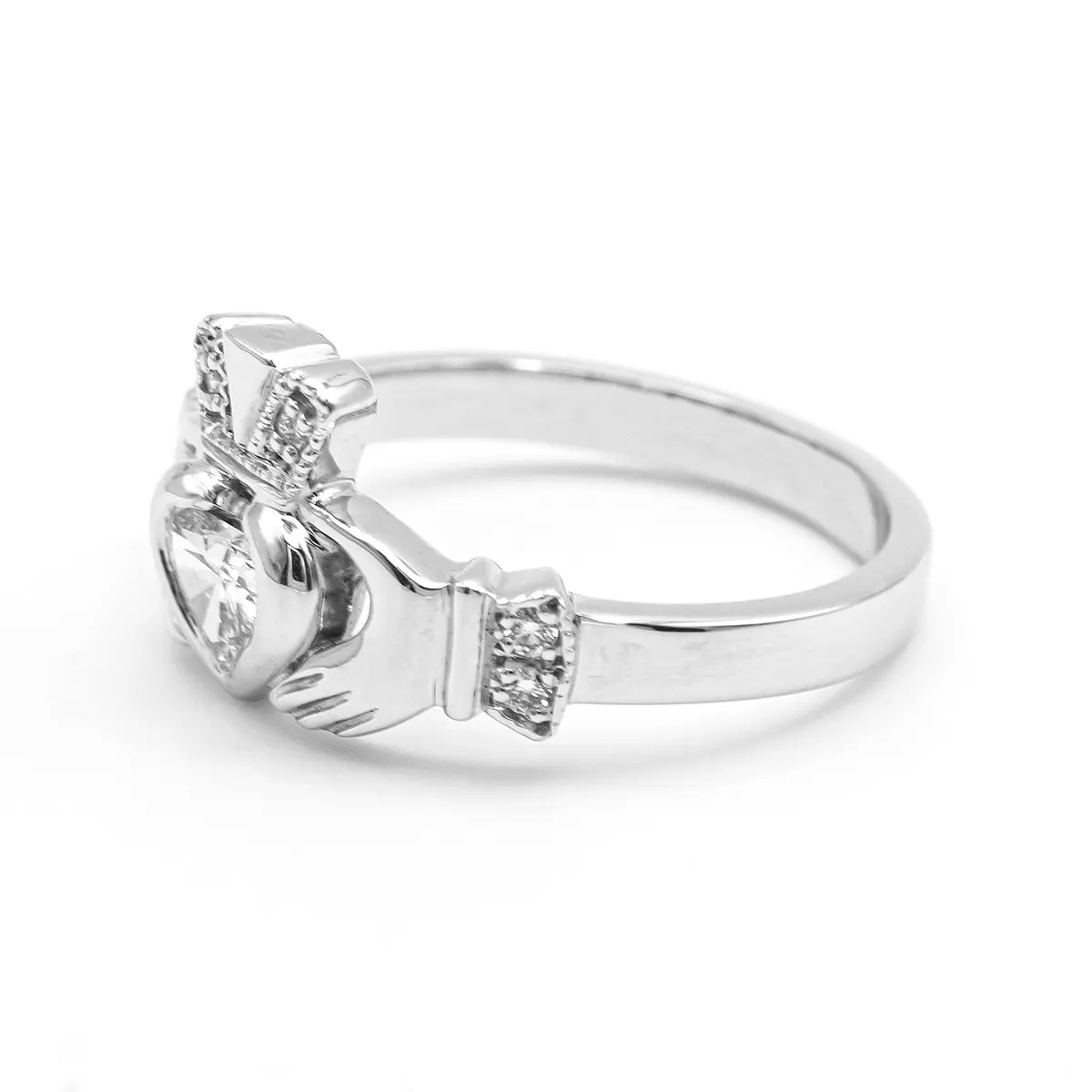 14k White Gold Claddagh Engagement Ring with Diamond Heart
