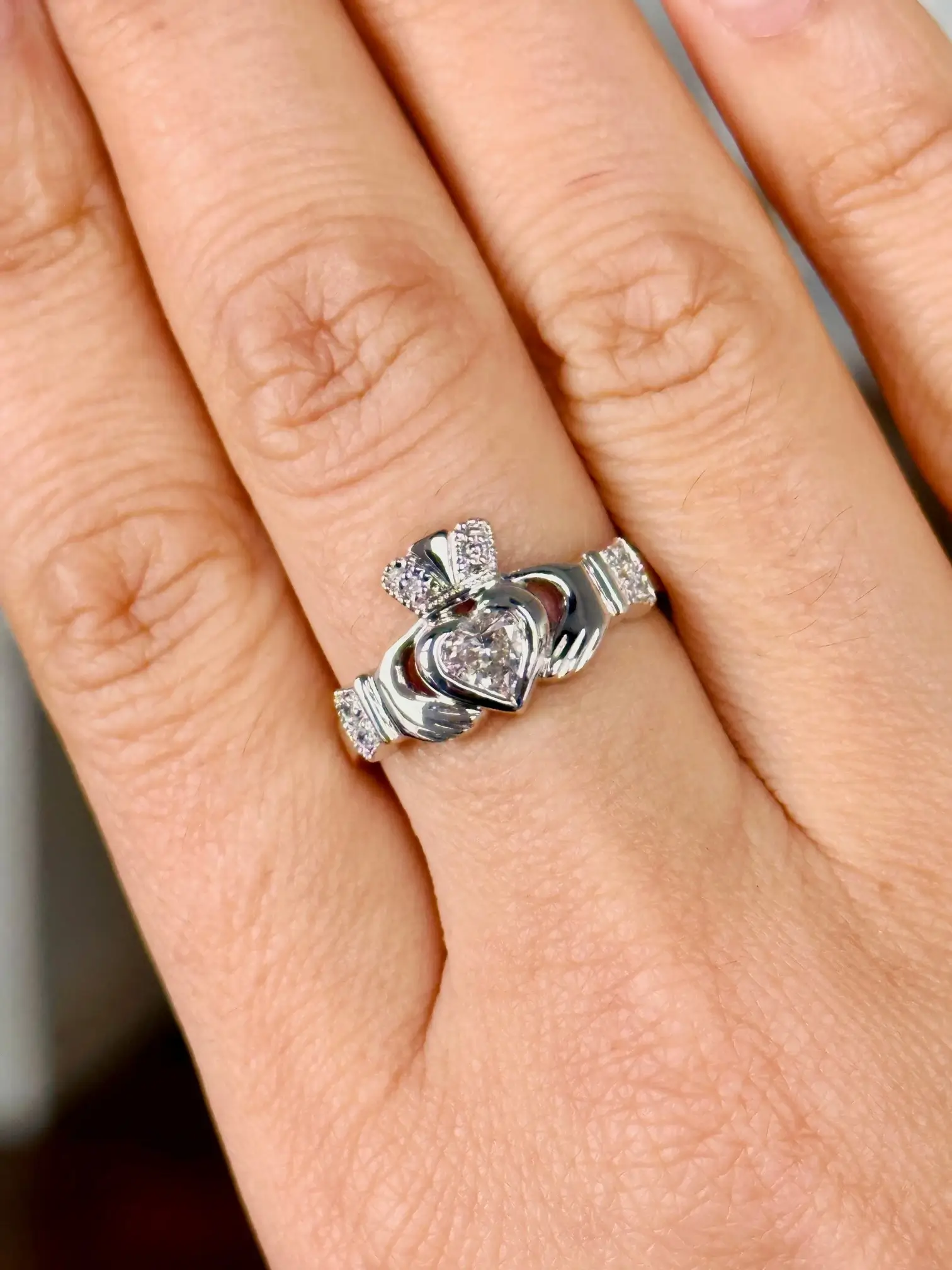 14k White Gold Claddagh Engagement Ring with Diamond Heart Photo 6 