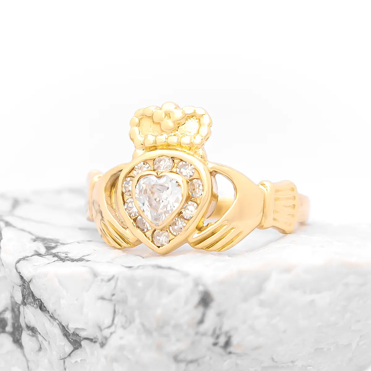 Ladies Diamond Heart Irish Claddagh Ring