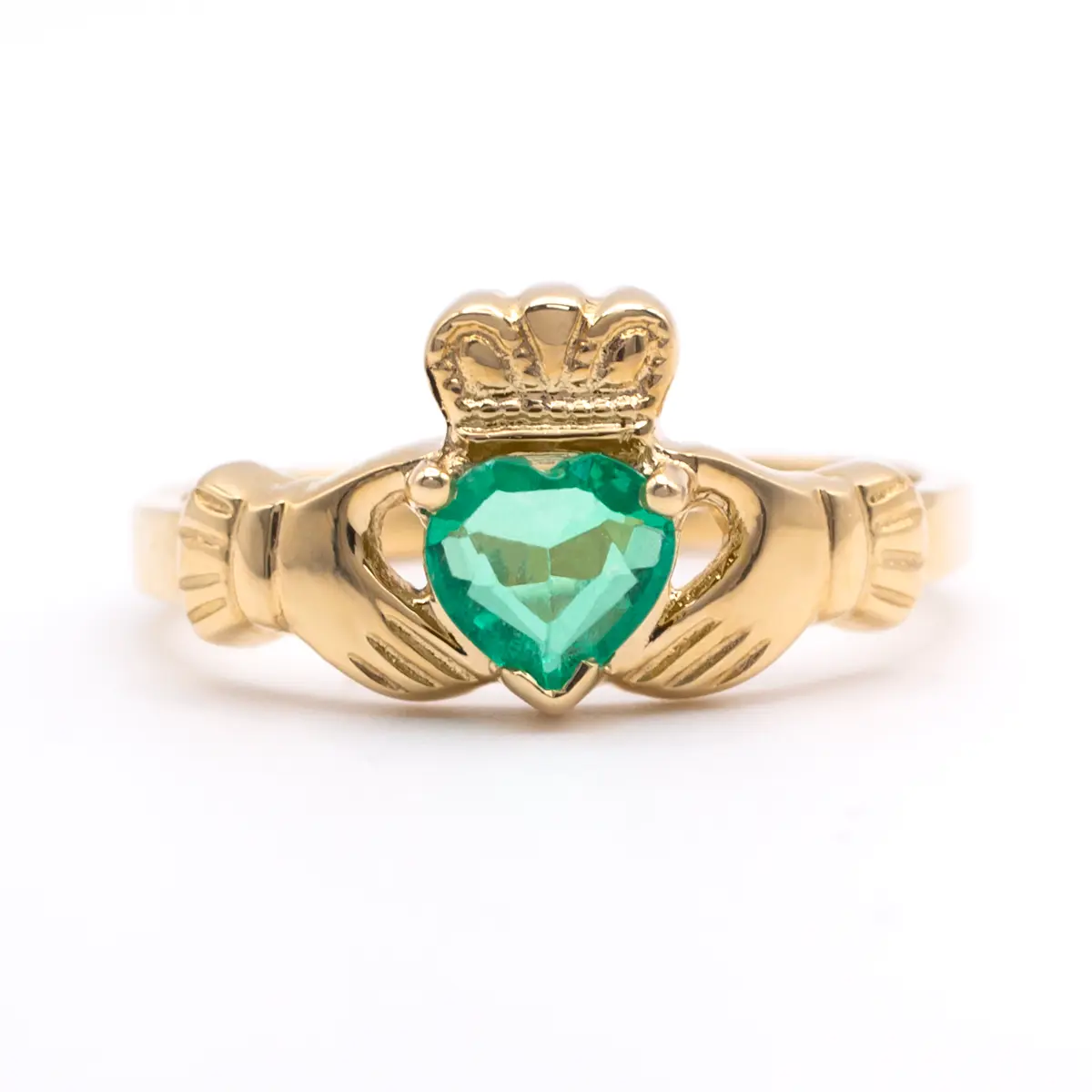 14k Gold Claddagh Ring With Emerald Heart