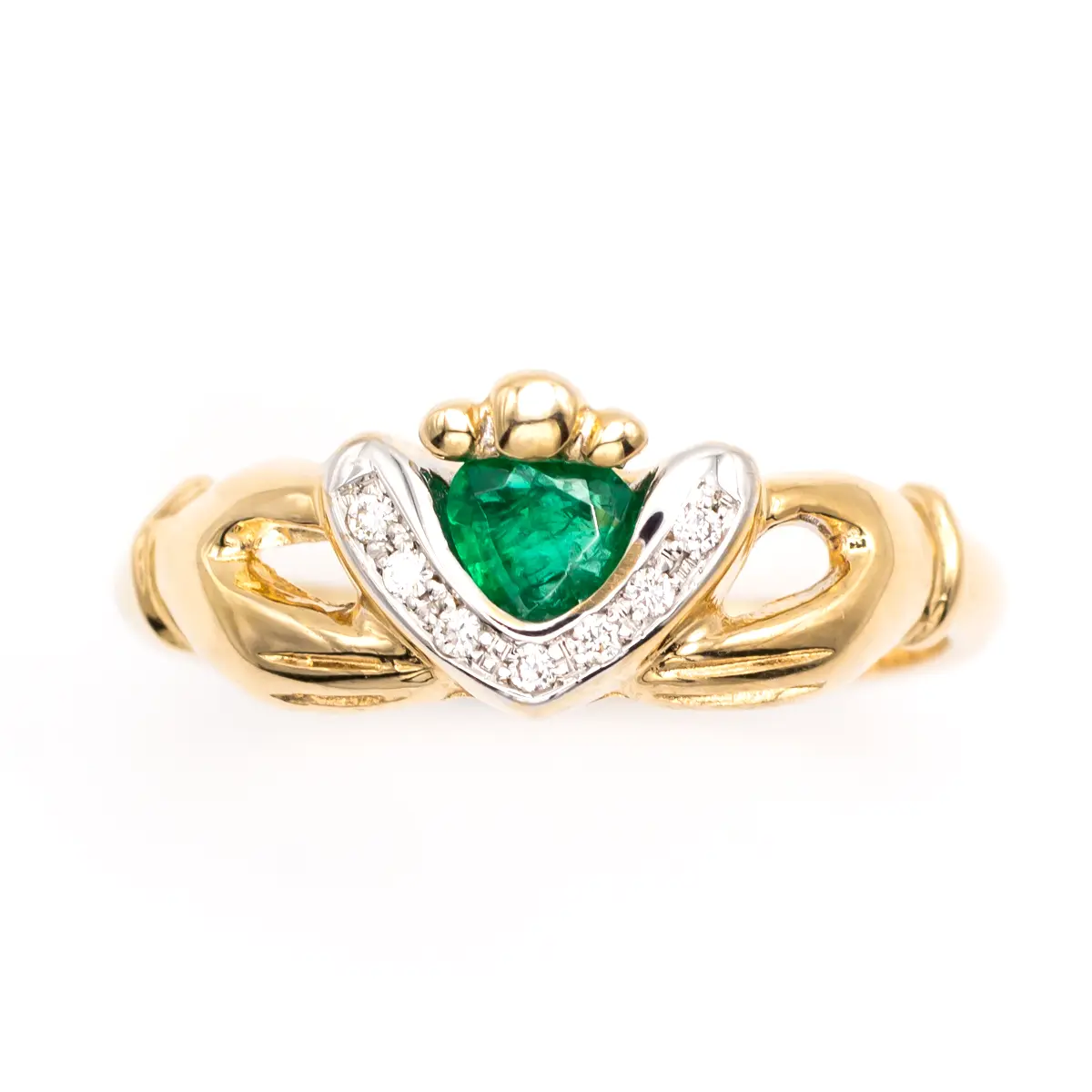 Ladies 14k Gold Claddagh Ring with Emerald and Diamonds...